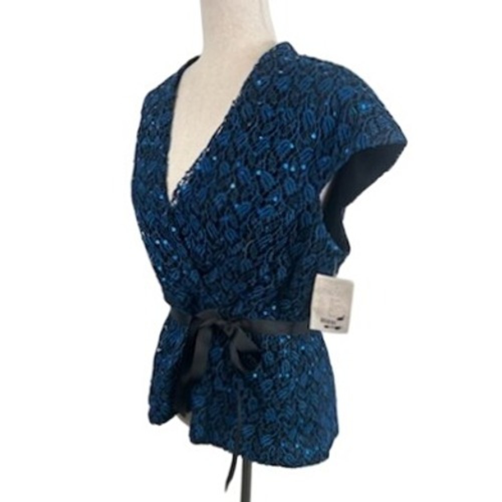 Alex Evenings Women's Size Large Petite Blue Sequin Lace Wrap Top Evening Formal